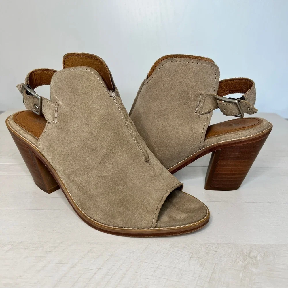 Frye Courtney Ash Taupe Suede Peep Toe Slingback Bootie Mules